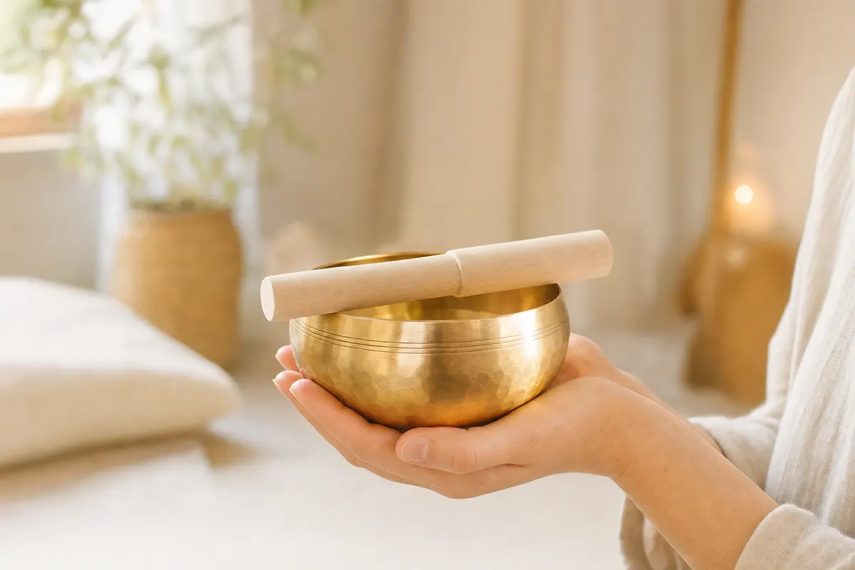 Hammered brass Tibetan singing bowl held in two hands in warm light