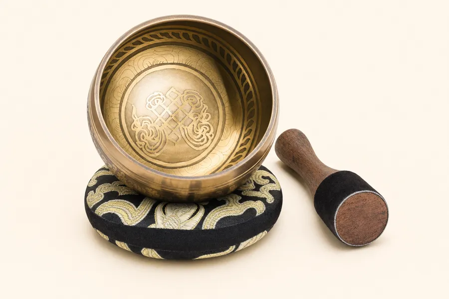 Engraved Nadam singing bowl set on its silk cushion with the two-head mallet